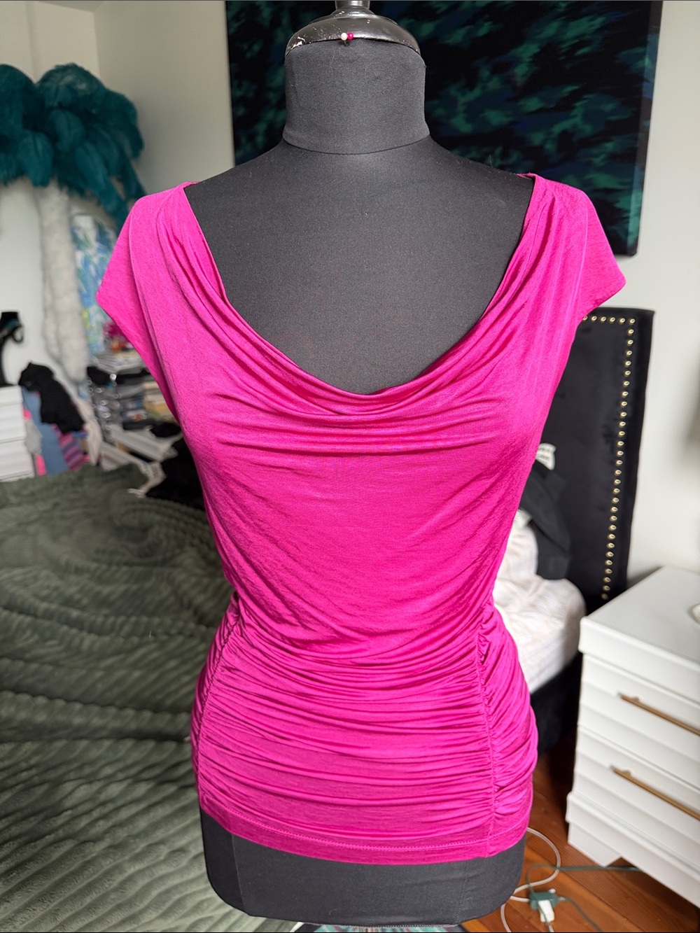 Fuchsia Ruched Cowl Neck Top